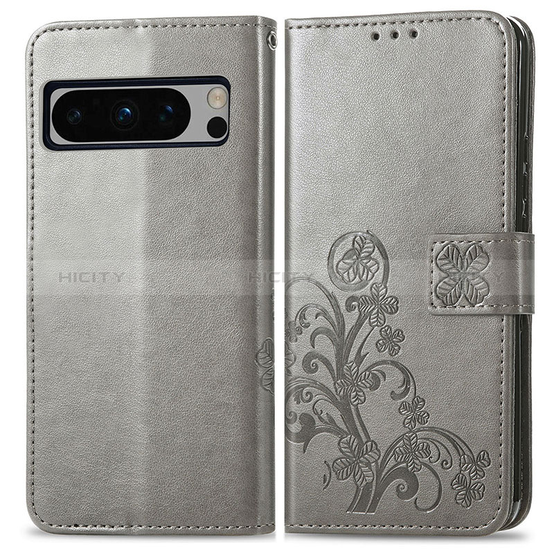 Coque Portefeuille Fleurs Livre Cuir Etui Clapet pour Google Pixel 8 Pro 5G Gris Plus