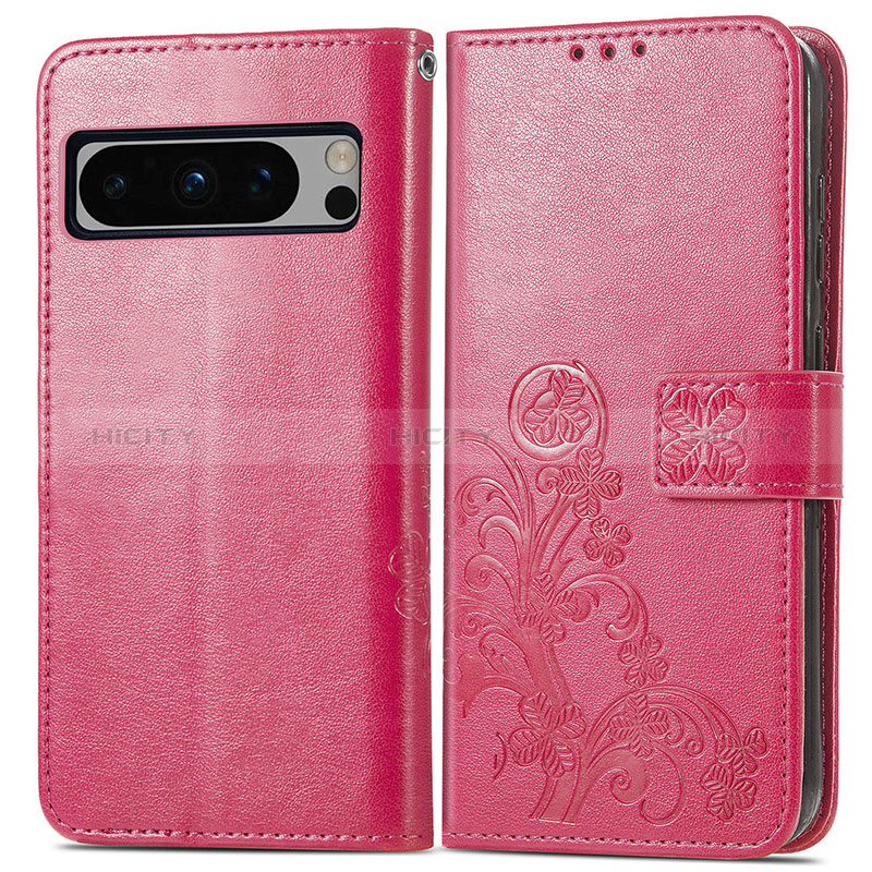 Coque Portefeuille Fleurs Livre Cuir Etui Clapet pour Google Pixel 8 Pro 5G Rose Rouge Plus