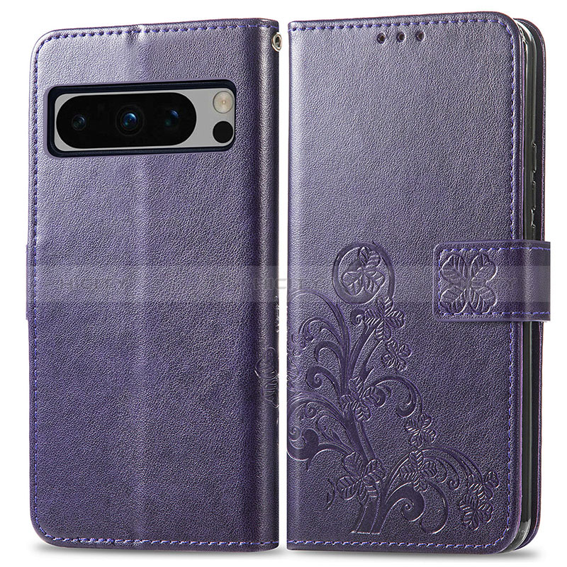 Coque Portefeuille Fleurs Livre Cuir Etui Clapet pour Google Pixel 8 Pro 5G Violet Plus