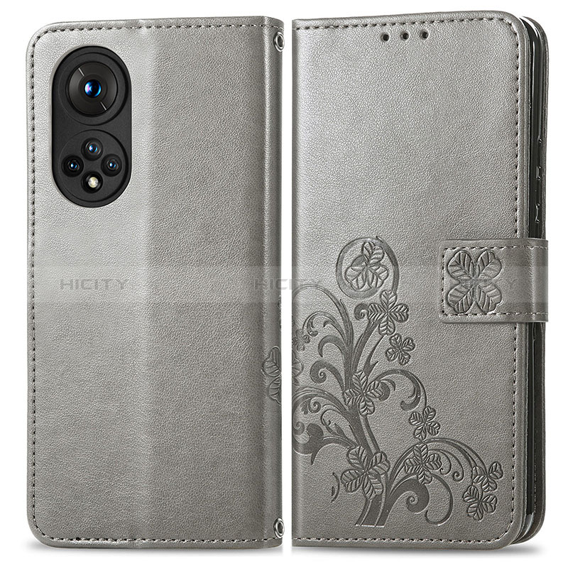 Coque Portefeuille Fleurs Livre Cuir Etui Clapet pour Huawei Honor 50 5G Gris Plus