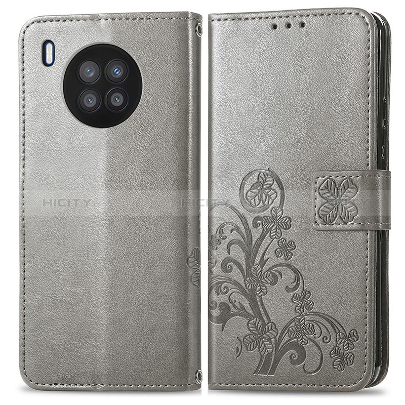 Coque Portefeuille Fleurs Livre Cuir Etui Clapet pour Huawei Honor 50 Lite Gris Plus