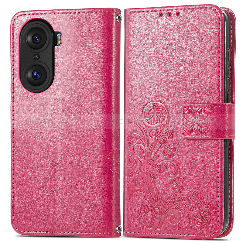 Coque Portefeuille Fleurs Livre Cuir Etui Clapet pour Huawei Honor 60 Pro 5G Rose Rouge Plus