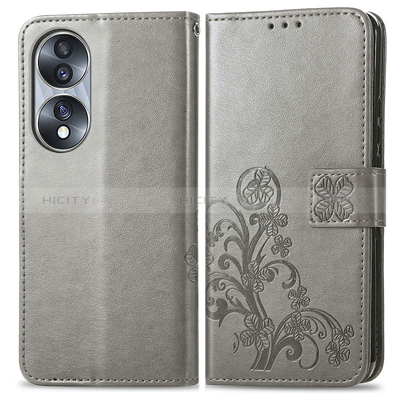 Coque Portefeuille Fleurs Livre Cuir Etui Clapet pour Huawei Honor 70 5G Gris Plus