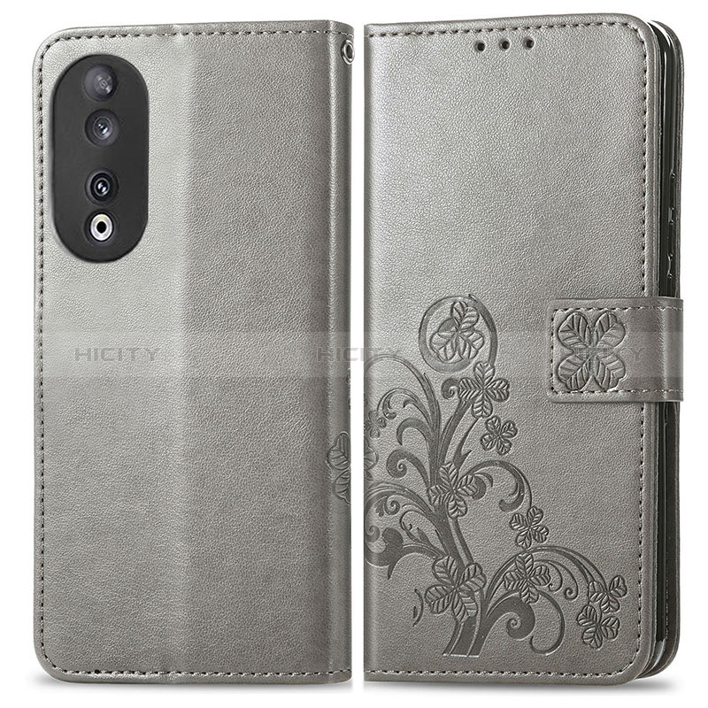 Coque Portefeuille Fleurs Livre Cuir Etui Clapet pour Huawei Honor 90 5G Gris Plus