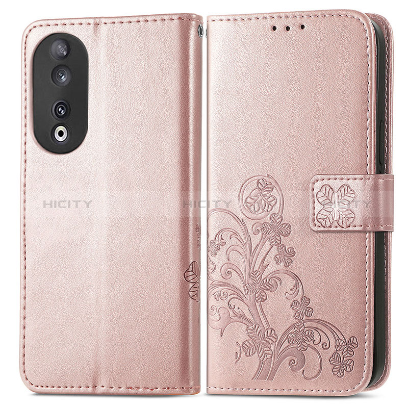 Coque Portefeuille Fleurs Livre Cuir Etui Clapet pour Huawei Honor 90 5G Or Rose Plus