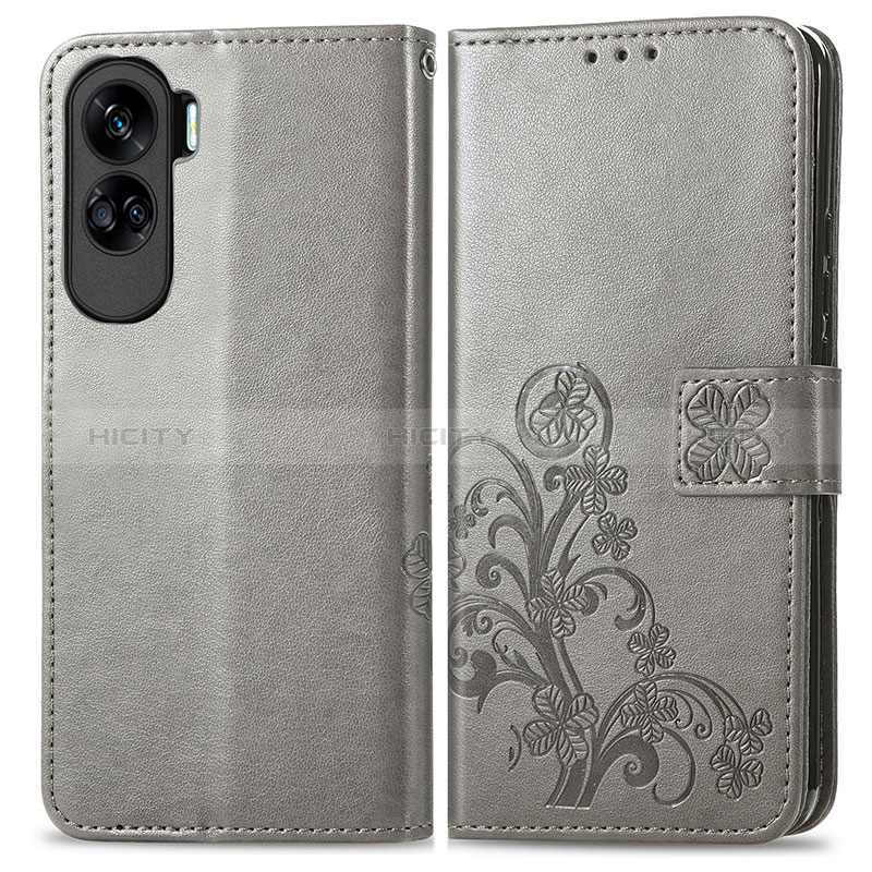 Coque Portefeuille Fleurs Livre Cuir Etui Clapet pour Huawei Honor 90 Lite 5G Gris Plus