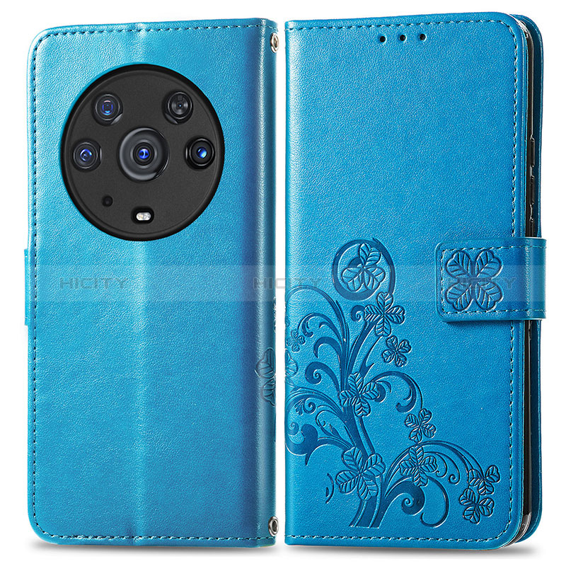 Coque Portefeuille Fleurs Livre Cuir Etui Clapet pour Huawei Honor Magic3 Pro 5G Bleu Plus