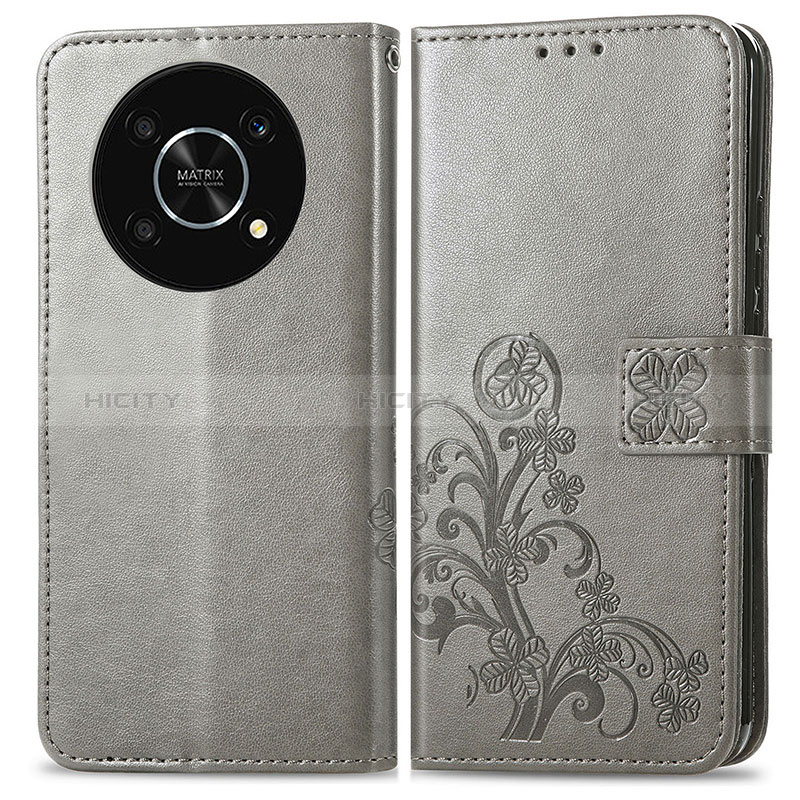 Coque Portefeuille Fleurs Livre Cuir Etui Clapet pour Huawei Honor Magic4 Lite 5G Gris Plus