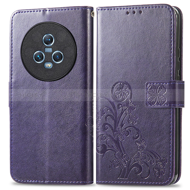 Coque Portefeuille Fleurs Livre Cuir Etui Clapet pour Huawei Honor Magic5 5G Violet Plus