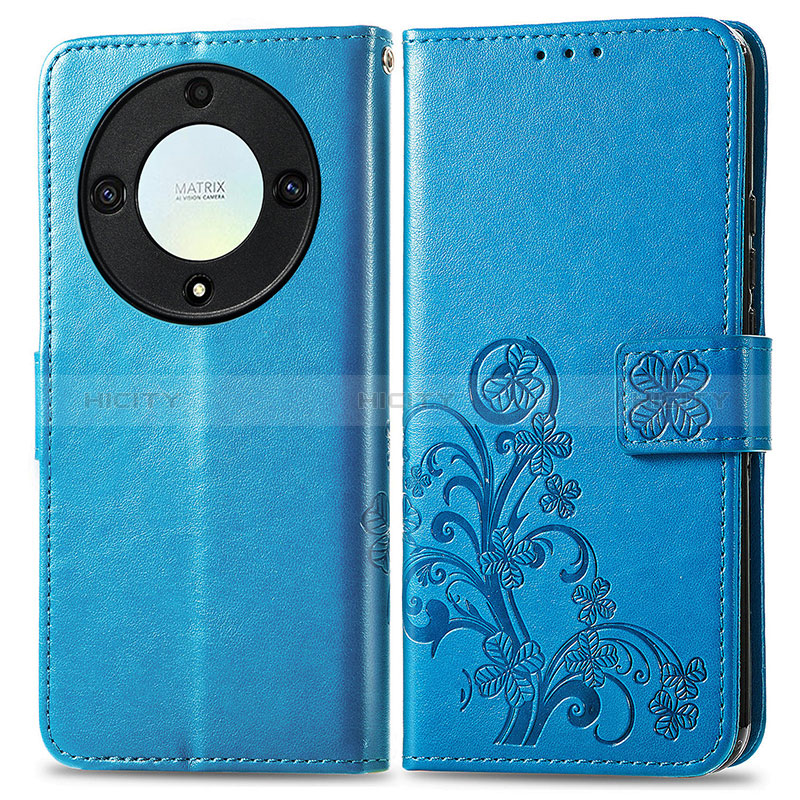 Coque Portefeuille Fleurs Livre Cuir Etui Clapet pour Huawei Honor Magic5 Lite 5G Bleu Plus