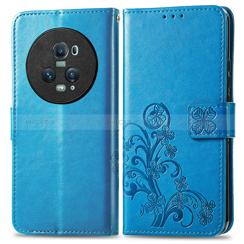 Coque Portefeuille Fleurs Livre Cuir Etui Clapet pour Huawei Honor Magic5 Pro 5G Bleu Plus