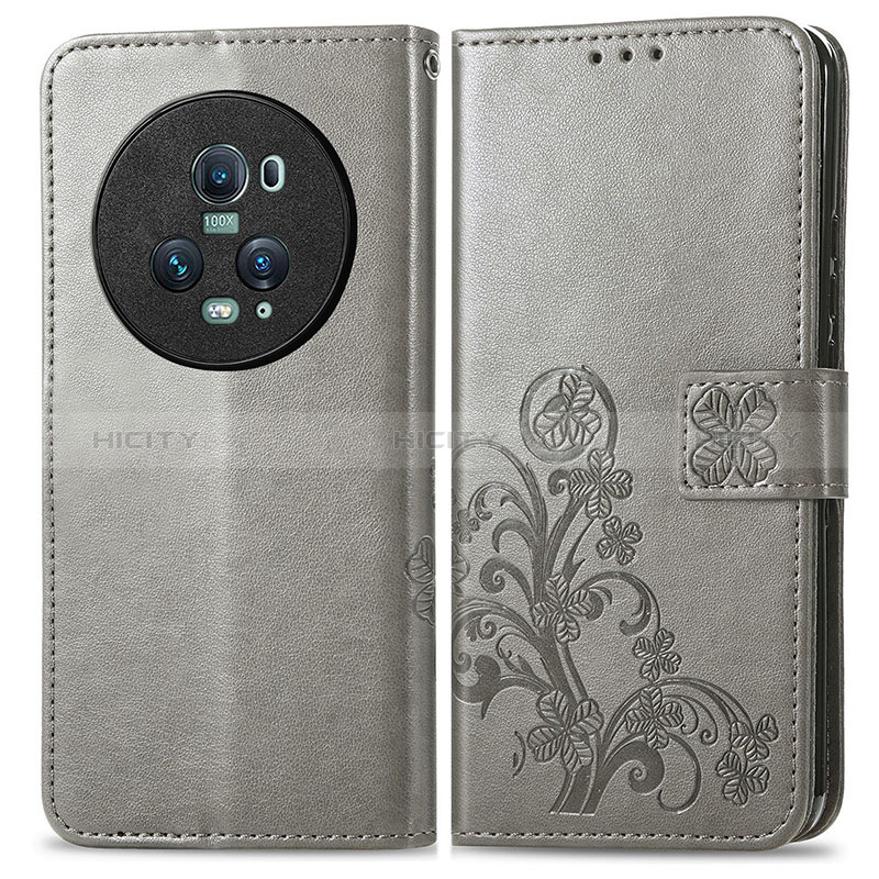 Coque Portefeuille Fleurs Livre Cuir Etui Clapet pour Huawei Honor Magic5 Pro 5G Gris Plus