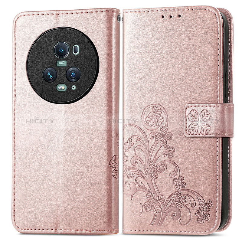 Coque Portefeuille Fleurs Livre Cuir Etui Clapet pour Huawei Honor Magic5 Pro 5G Or Rose Plus