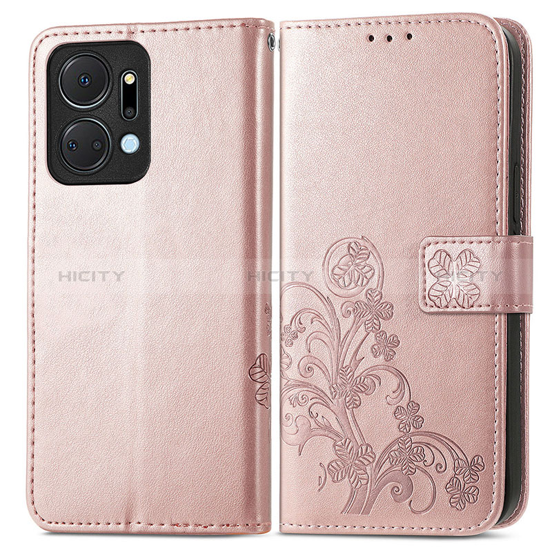 Coque Portefeuille Fleurs Livre Cuir Etui Clapet pour Huawei Honor X7a Or Rose Plus