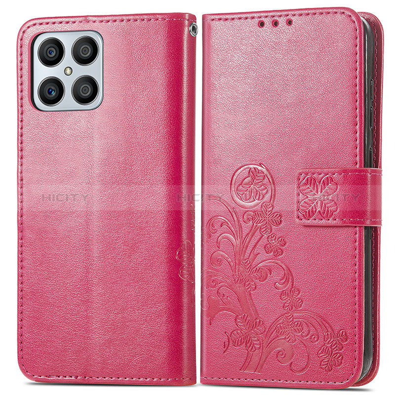 Coque Portefeuille Fleurs Livre Cuir Etui Clapet pour Huawei Honor X8 4G Rose Rouge Plus