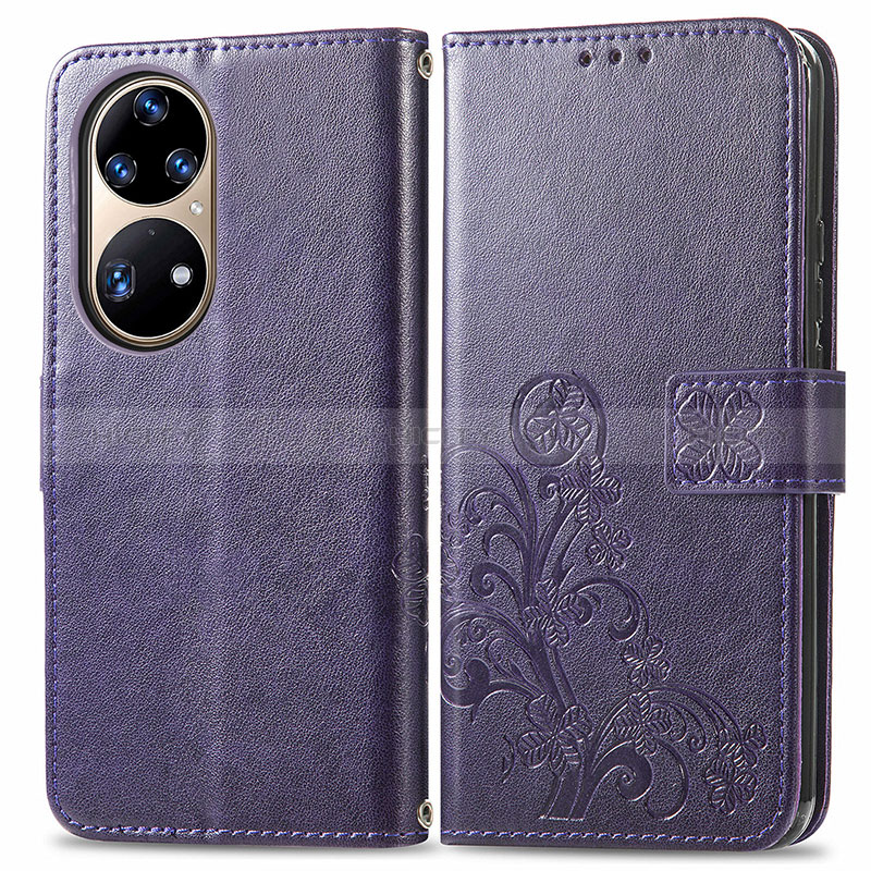 Coque Portefeuille Fleurs Livre Cuir Etui Clapet pour Huawei P50 Pro Violet Plus