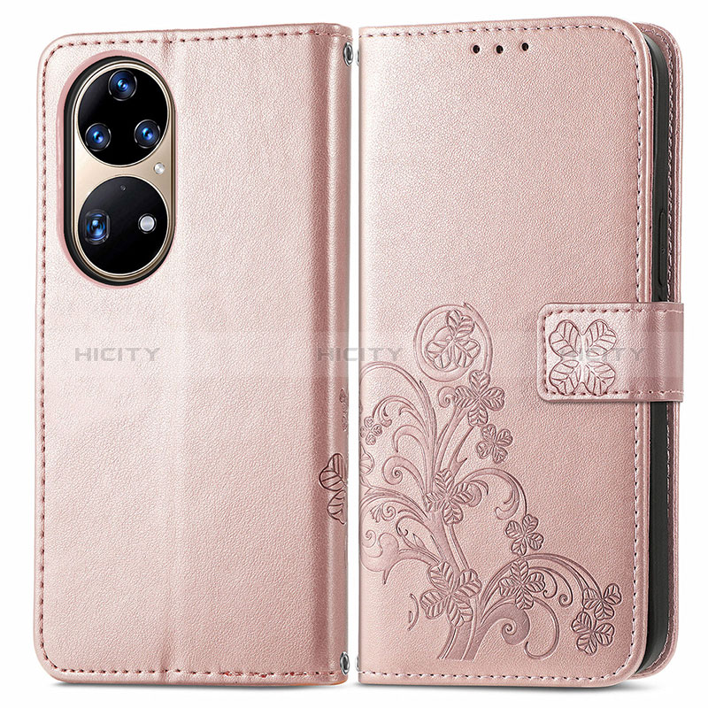 Coque Portefeuille Fleurs Livre Cuir Etui Clapet pour Huawei P50 Rose Plus