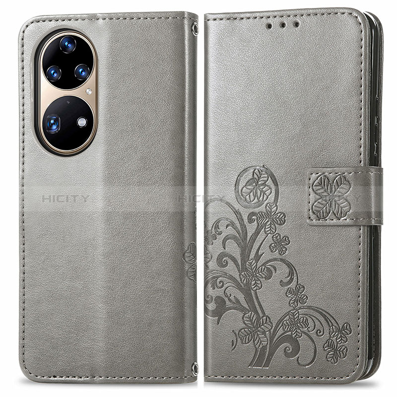 Coque Portefeuille Fleurs Livre Cuir Etui Clapet pour Huawei P50e Gris Plus