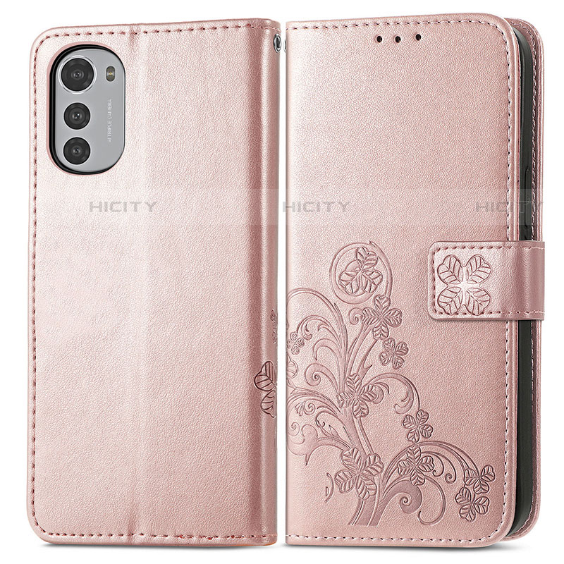 Coque Portefeuille Fleurs Livre Cuir Etui Clapet pour Motorola Moto E32 Rose Plus