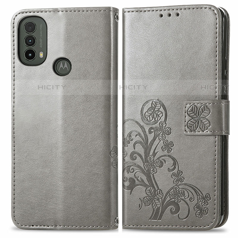 Coque Portefeuille Fleurs Livre Cuir Etui Clapet pour Motorola Moto E40 Gris Plus