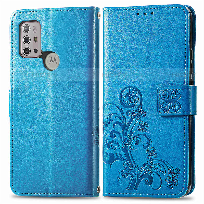 Coque Portefeuille Fleurs Livre Cuir Etui Clapet pour Motorola Moto G10 Bleu Plus