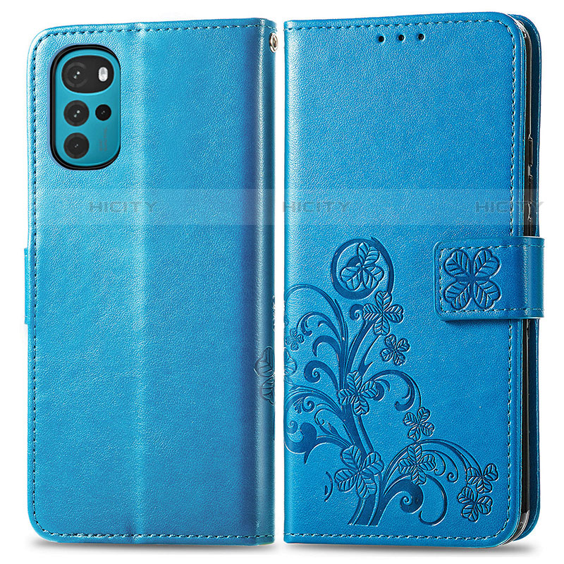 Coque Portefeuille Fleurs Livre Cuir Etui Clapet pour Motorola Moto G22 Bleu Plus