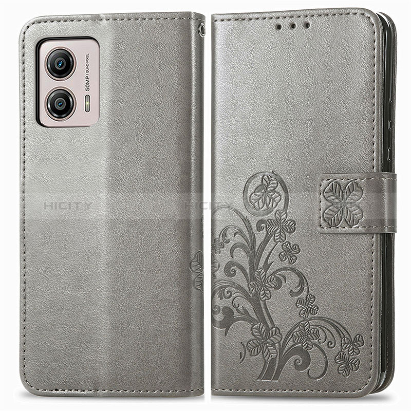 Coque Portefeuille Fleurs Livre Cuir Etui Clapet pour Motorola Moto G53 5G Gris Plus