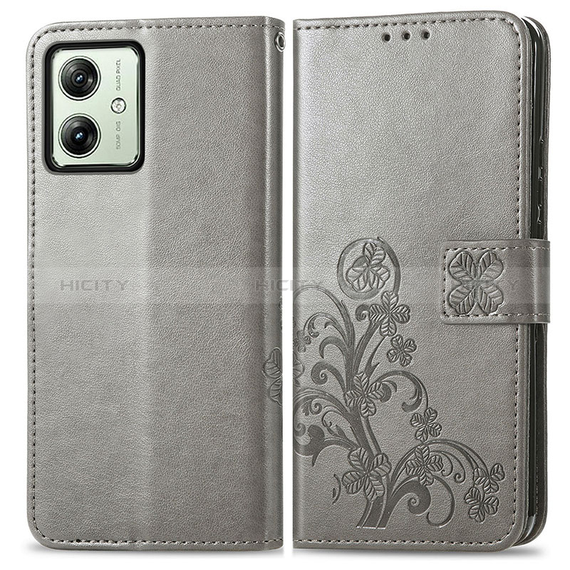 Coque Portefeuille Fleurs Livre Cuir Etui Clapet pour Motorola Moto G54 5G Gris Plus