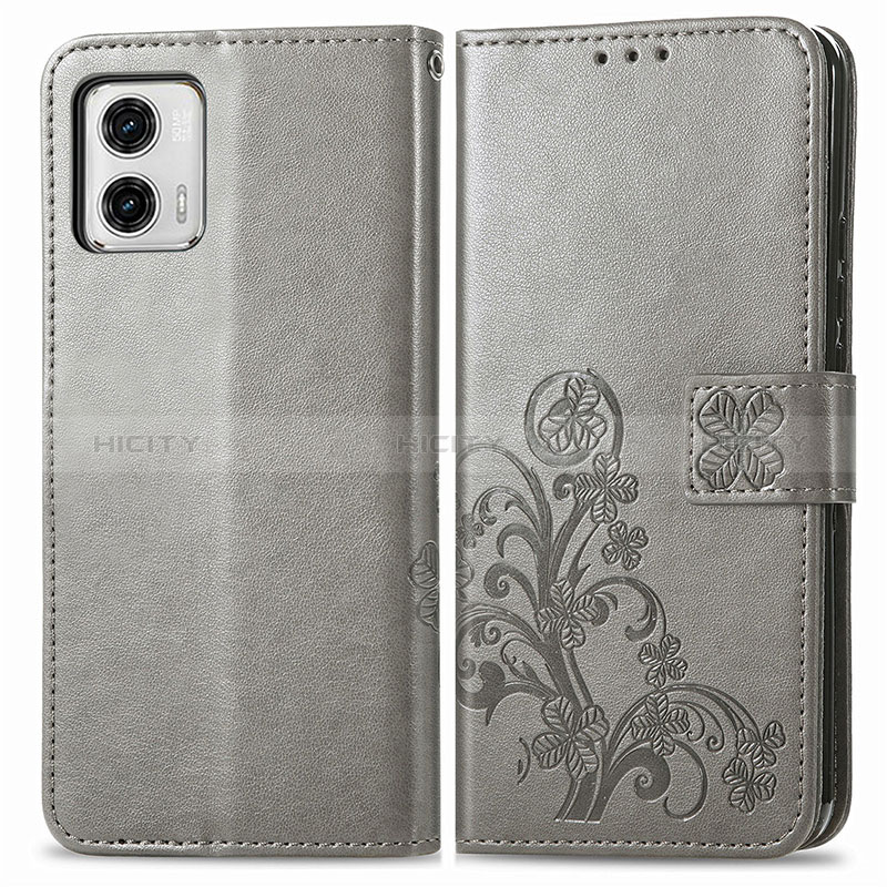 Coque Portefeuille Fleurs Livre Cuir Etui Clapet pour Motorola Moto G73 5G Gris Plus