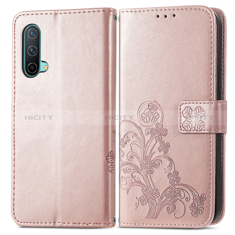 Coque Portefeuille Fleurs Livre Cuir Etui Clapet pour OnePlus Nord CE 5G Or Rose Plus