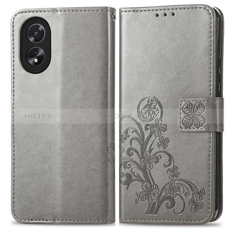 Coque Portefeuille Fleurs Livre Cuir Etui Clapet pour Oppo A18 Gris Plus