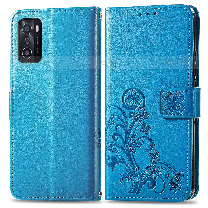 Coque Portefeuille Fleurs Livre Cuir Etui Clapet pour Oppo A55S 5G Bleu Plus