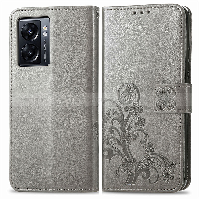 Coque Portefeuille Fleurs Livre Cuir Etui Clapet pour Oppo A57 5G Gris Plus