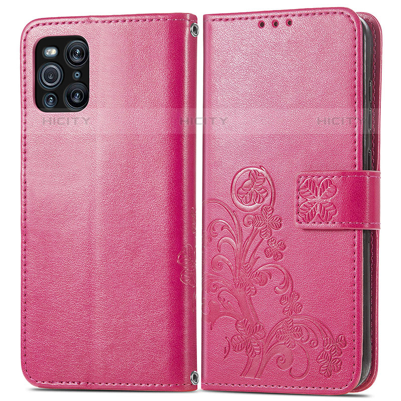 Coque Portefeuille Fleurs Livre Cuir Etui Clapet pour Oppo Find X3 Pro 5G Rouge Plus