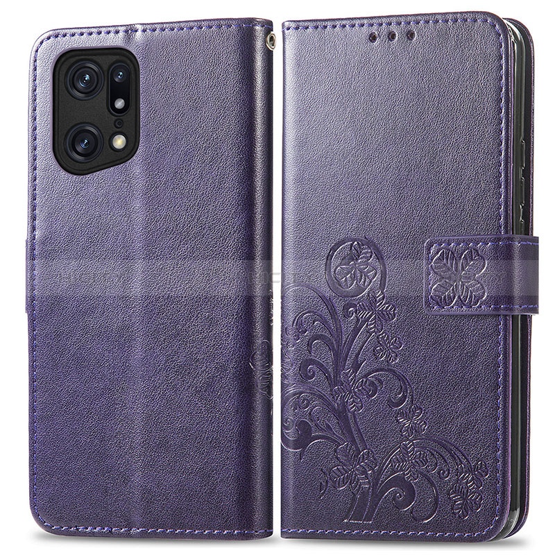 Coque Portefeuille Fleurs Livre Cuir Etui Clapet pour Oppo Find X5 5G Violet Plus