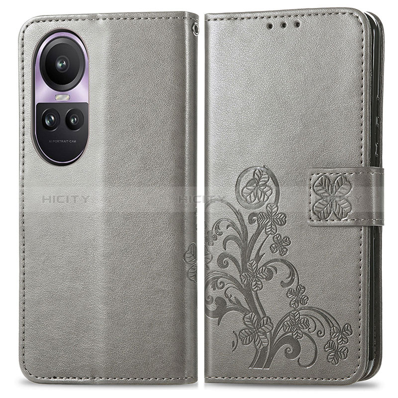 Coque Portefeuille Fleurs Livre Cuir Etui Clapet pour Oppo Reno10 5G Gris Plus