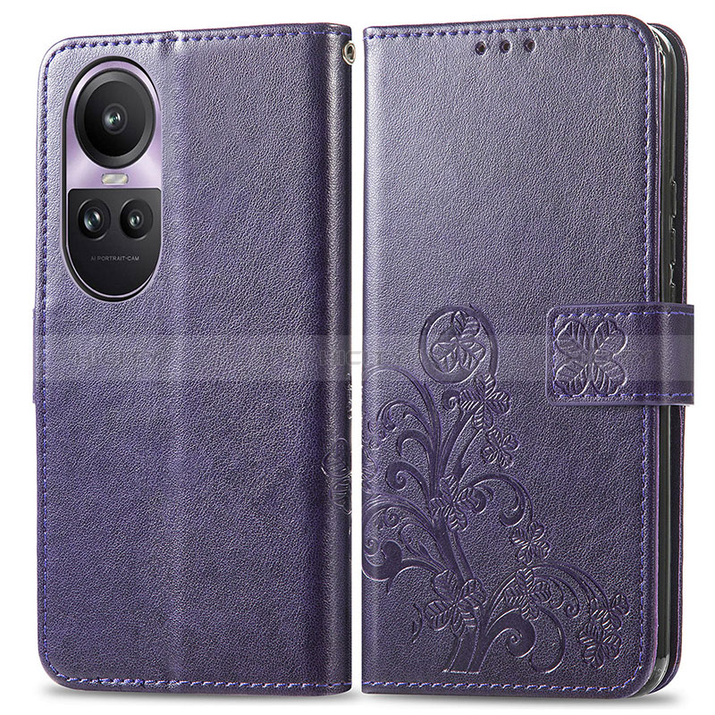 Coque Portefeuille Fleurs Livre Cuir Etui Clapet pour Oppo Reno10 5G Violet Plus