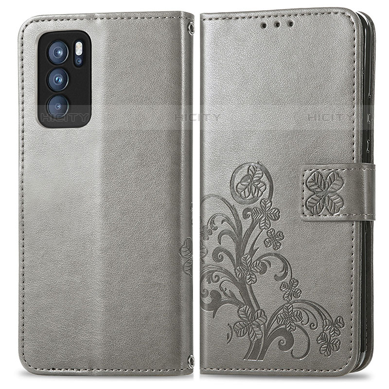 Coque Portefeuille Fleurs Livre Cuir Etui Clapet pour Oppo Reno6 Pro 5G India Gris Plus