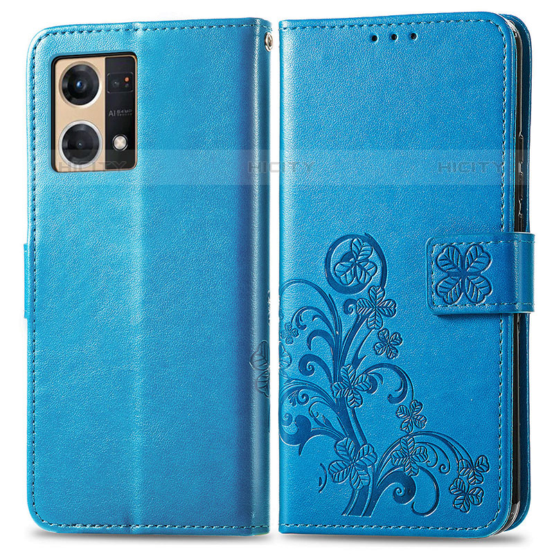 Coque Portefeuille Fleurs Livre Cuir Etui Clapet pour Oppo Reno8 4G Bleu Plus