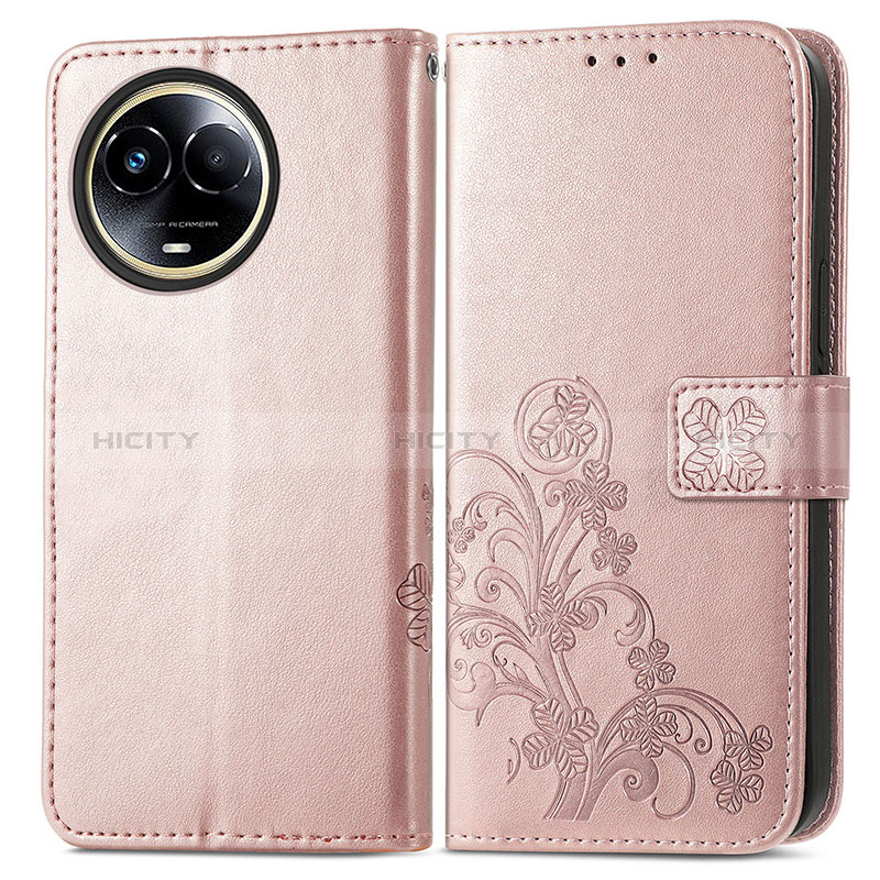 Coque Portefeuille Fleurs Livre Cuir Etui Clapet pour Realme 11 5G Or Rose Plus