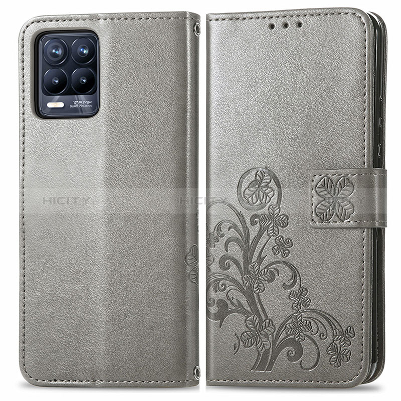 Coque Portefeuille Fleurs Livre Cuir Etui Clapet pour Realme 8 Pro Gris Plus