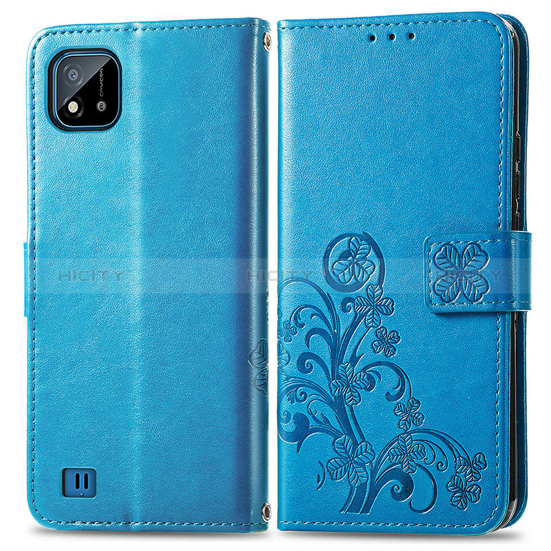 Coque Portefeuille Fleurs Livre Cuir Etui Clapet pour Realme C11 (2021) Bleu Plus