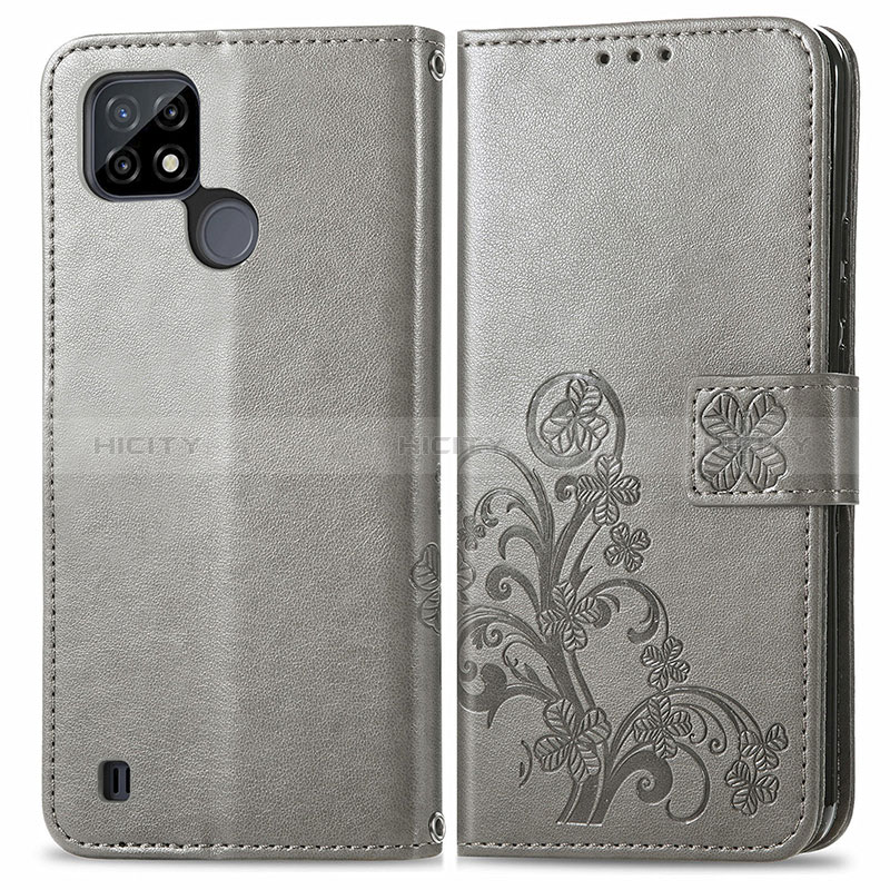 Coque Portefeuille Fleurs Livre Cuir Etui Clapet pour Realme C21 Gris Plus