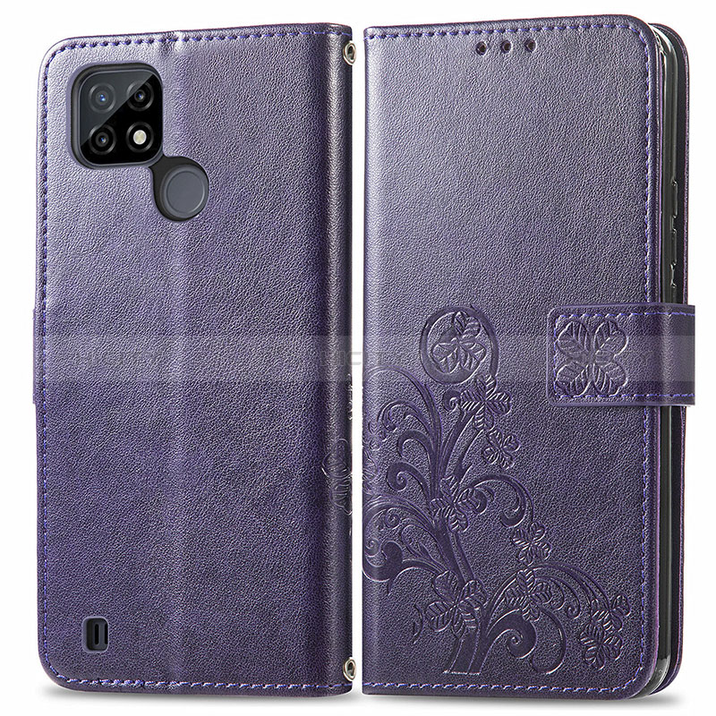 Coque Portefeuille Fleurs Livre Cuir Etui Clapet pour Realme C21 Violet Plus