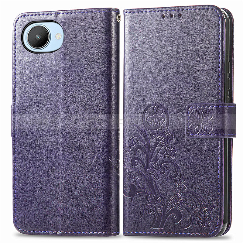 Coque Portefeuille Fleurs Livre Cuir Etui Clapet pour Realme C30 Violet Plus