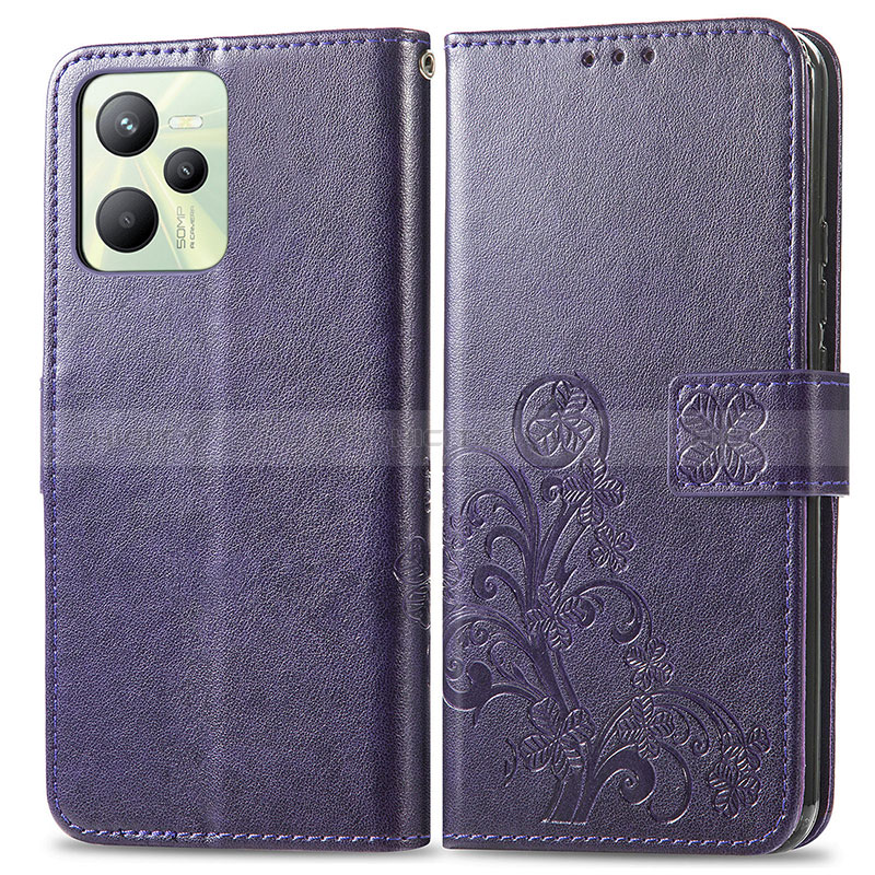 Coque Portefeuille Fleurs Livre Cuir Etui Clapet pour Realme C35 Violet Plus