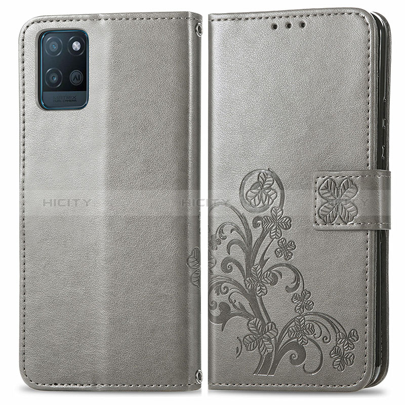 Coque Portefeuille Fleurs Livre Cuir Etui Clapet pour Realme V11s 5G Gris Plus