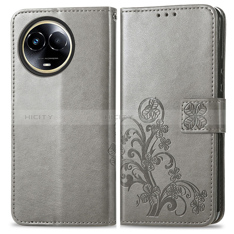 Coque Portefeuille Fleurs Livre Cuir Etui Clapet pour Realme V50s 5G Gris Plus