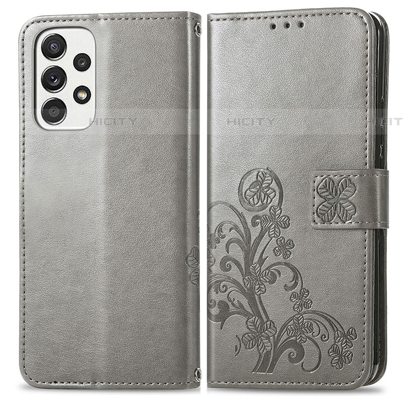 Coque Portefeuille Fleurs Livre Cuir Etui Clapet pour Samsung Galaxy A73 5G Gris Plus