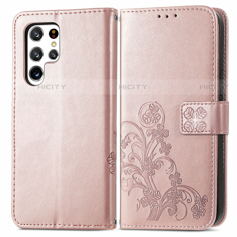 Coque Portefeuille Fleurs Livre Cuir Etui Clapet pour Samsung Galaxy S22 Ultra 5G Rose Plus